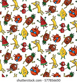 vector seamless pattern of funny fruits dancing and having fun, 90s style of illustration