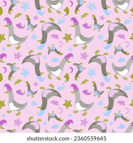 Vector seamless pattern with funny geese in nightcaps, stars, clouds and the moon. Animal character cute child  background