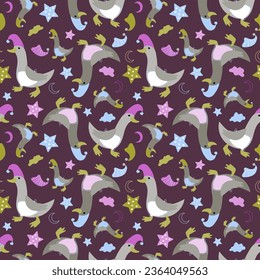 Vector seamless pattern with funny geese in nightcaps, stars, clouds and the moon. Animal character cute child  background