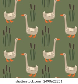 Vector seamless pattern with funny geese and reeds. Cute cartoon birds wallpaper. Repeat texture for textile or erapping paper.