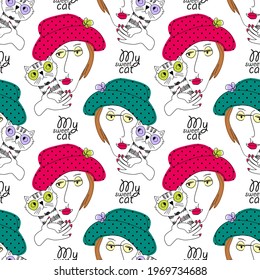 Vector seamless pattern with funny girls and cats. Portrait of friends. People and animals. Women in hats and cats with glasses. Text. My sweet cat.
