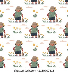 Vector seamless pattern with funny gnomes and flowers. Summer kids wallpaper.