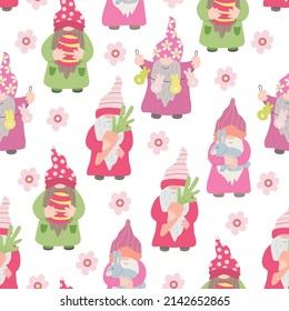 Vector seamless pattern with  funny gnomes and Easter decorations. Great for fabric, wrapping papers, spring design. Hand drawn flat illustration on white background.