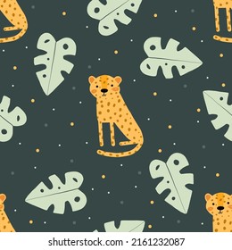 Vector seamless pattern with funny hand drawn leopard and tropical leaves