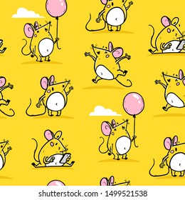 Vector seamless pattern with funny happy hand drawn mice characters isolated on yellow background. Comic style. 2020 year mascot illustration in different pose. For packaging design, banner, kid print