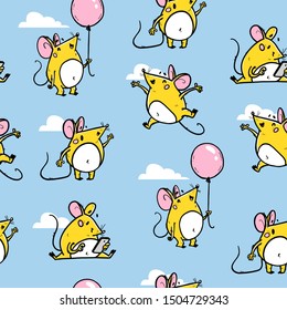 Vector seamless pattern with funny happy hand drawn mice characters isolated on blue background. Comic style. 2020 year mascot illustration in different poses. For packaging design, banner, kid print