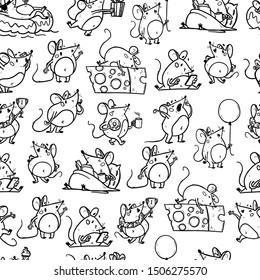 Vector seamless pattern with funny happy hand drawn mice characters isolated on white background. Comic style. 2020 year mascot illustration in different poses. For packaging design, banner, kid print