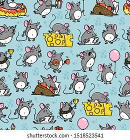 Vector seamless pattern with funny happy hand drawn mice characters isolated on blue background. Comic style. 2020 year mascot illustration in different poses. For packaging design, banner, kid print