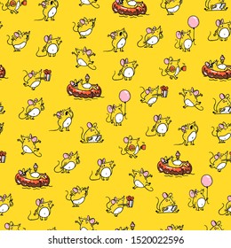 Vector seamless pattern with funny happy hand drawn mice characters isolated on yellow background. Comic style. 2020 year mascot illustration in different pose. For packaging design, banner, kid print