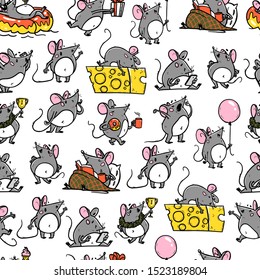 Vector seamless pattern with funny happy hand drawn mice characters isolated on white background. Comic style. 2020 year mascot illustration in different poses. For packaging design, banner, kid print