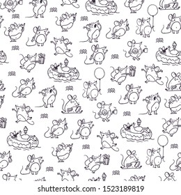 Vector seamless pattern with funny happy hand drawn mice characters isolated on white background. Comic style. 2020 year mascot illustration in different poses. For packaging design, banner, kid print