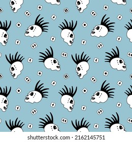 Vector seamless pattern with funny happy skull.Punk rock music background.Doodle style.Design for textile,cover,poster.Isolated on blue background. 