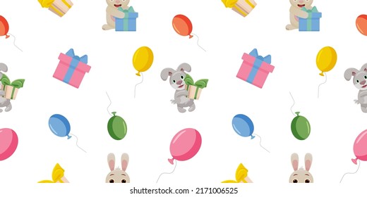 Vector seamless pattern with funny happy birthday animals on a white background. Vector illustration. childrens animals background.