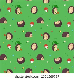 Vector seamless pattern with funny hedgehog with basket on green background with flowers, leaves and mushrooms. Cool illustrations for design wrapping, textiles, fabrics, clothing, postcards