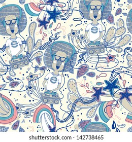 vector seamless pattern with funny  hipster lions