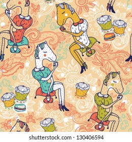 vector  seamless pattern with funny horses and sweets