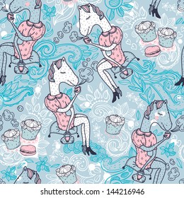 vector  seamless pattern with funny horses drinking hot tea