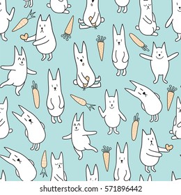 vector seamless pattern with funny illustration of rabbits and carrots, light blue background