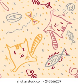 Vector seamless pattern funny kittens and fish on a light beige background