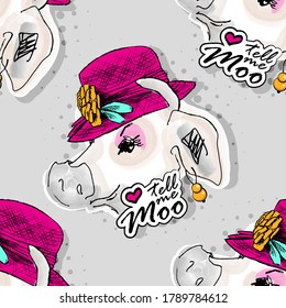 Vector seamless pattern with funny lady cow. Pretty cow with pink hat.