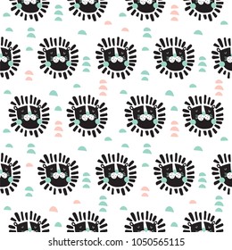 vector seamless pattern, funny lion heads