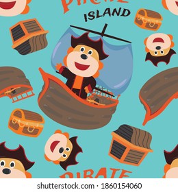 Vector seamless pattern with funny lion pirate cartoon, Cute Marine pattern for fabric, textile, nursery, baby clothes, background, textile, wrapping paper and other decoration.