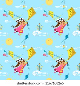 Vector seamless pattern with funny little girl flying with a kite, in cartoon. Ideal for cards, invitations, party, banners, kindergarten, baby shower, preschool and children room decoration 