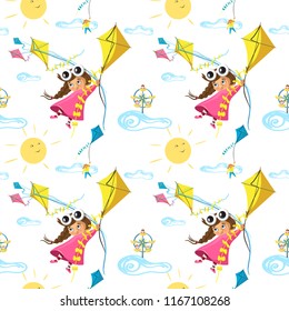 Vector seamless pattern with funny little girl flying with a kite, in cartoon. Ideal for cards, invitations, party, banners, kindergarten, baby shower, preschool and children room decoration 