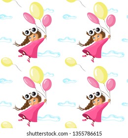 Vector seamless pattern with funny little girl flying with a kite, in cartoon. Ideal for cards, invitations, party, banners, kindergarten, baby shower, preschool and children room decoration
