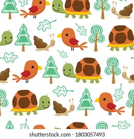 Vector seamless pattern of funny little animals cartoon with trees. Turtle, birds and snail 