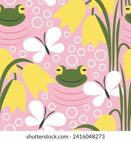 Vector seamless pattern with funny little frogs in the pond