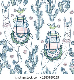 vector  seamless pattern with funny llamas and cactuses