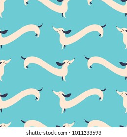 Vector seamless pattern with funny long Dachshund dog. Cute background in cartoon style. Design element can be used for decoration of greetings cards, invitations, posters, banners, wrapping