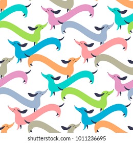 Vector seamless pattern with funny long Dachshund dog. Cute background in cartoon style. Design element can be used for decoration of greetings cards, invitations, prints, posters, banners, wrapping
