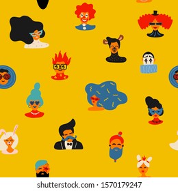 Vector seamless pattern with funny male and female faces in bright masks and costumes. Design element for carnival concept and other use.