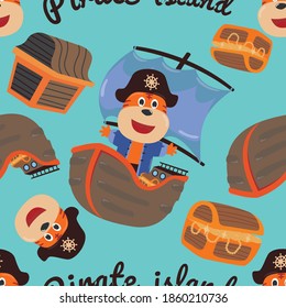 Vector seamless pattern with funny monkey pirate cartoon, Cute Marine pattern for fabric, textile, nursery, baby clothes, background, textile, wrapping paper and other decoration.