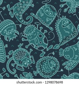 Vector seamless pattern with funny monsters. Cute endless background