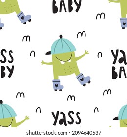 vector seamless pattern with funny monsters and yass baby text