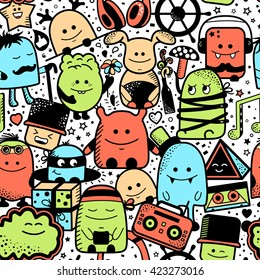 Vector seamless pattern with funny monsters. Cool hand drawn characters. Cartoon hand drawn doodles, children's seamless background. Set of colorful unusual creatures