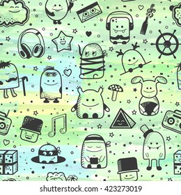 Vector seamless pattern with funny monsters. Cool hand drawn characters on blue watercolor background. Cartoon hand drawn doodles, children's seamless background. Set of unusual creatures