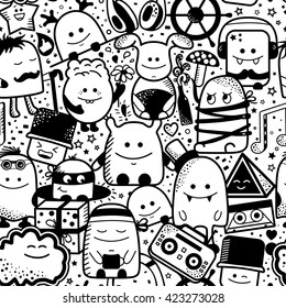 Vector seamless pattern with funny monsters. Cool hand drawn characters. Cartoon hand drawn doodles, children's seamless background. Set of black and white unusual creatures