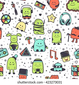 Vector seamless pattern with funny monsters. Cool hand drawn characters on white background. Cartoon hand drawn doodles, children's seamless background. Set of colorful unusual creatures