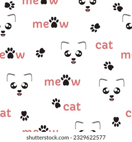 Vector seamless pattern. Funny muzzles of kittens with the inscription meow and cat. Сat paws