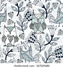 vector seamless pattern with funny owls and fantasy blooms