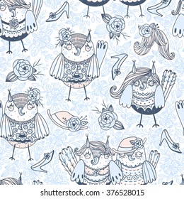 vector seamless pattern with funny owls on a floral background