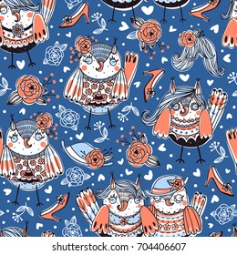 vector seamless pattern with funny owls