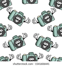 Vector seamless pattern of funny photo camera with smile, on white background.