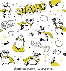 Vector seamless pattern with funny pig super hero hand drawn characters. Comic style. Outline drawing. Perfect for packaging paper, package design, children's room interior decor, kid clothes prints. 