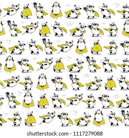 Vector seamless pattern with funny pig super hero hand drawn characters. Comic style. Outline drawing. Perfect for packaging paper, package design, children's room interior decor, kid clothes prints. 