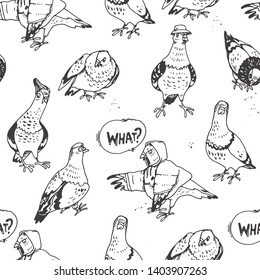 Vector seamless pattern with funny pigeons. Hand drawn texture with doves in hip hop style isolated on white. Sketch of cartoon animal characters.
